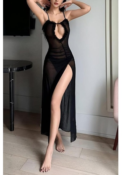Venlisa Transparan Yırtmaçlı Gecelik Siyah