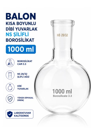 Balon Kısa Boyunlu Dibi Yuvarlak Ns Şilifli Borosilikat 1000 Ml