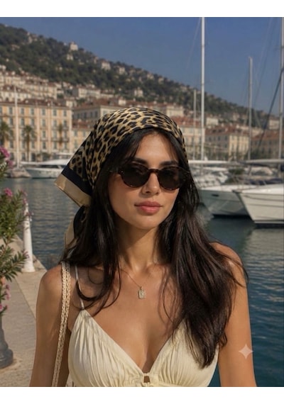 Trend Dokunuş Kadın 50-50 Saten Leopar Desenli Fular Bandana