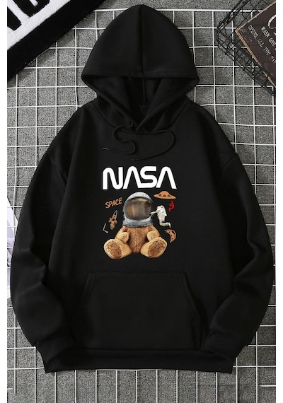 Uyguntarz Unisex Nasa Bear Baskılı Sweatshirt siyah