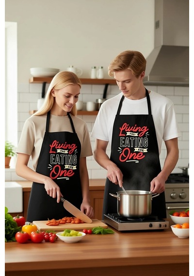 Unisex Mutfak Aşçı Önlüğü Retro Tipografi Baskılı Yaşamak Yemek F Siyah