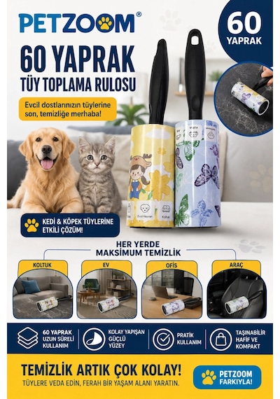 60 Yaprak Tüy Toplama Rulosu Kedi Köpek Tüy Toplayıcı Ev Koltuk Araç Ofis Temizlik Rulosu
