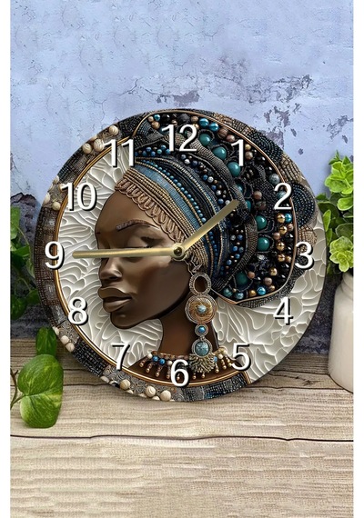 Afrikalı Kadın Portreli Çift Katmanlı Mdf Saat 33 Cm Sanatsal Duvar Dekoru Sdw358 Renkli