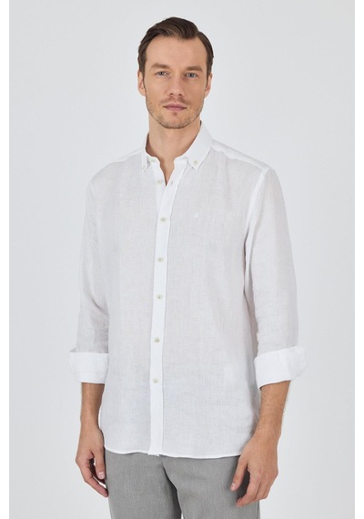 İmza Uzun Kol Düz Keten Düğmeli Yaka Cepsiz Casual Comfort Fit Gömlek 1004250114 Beyaz