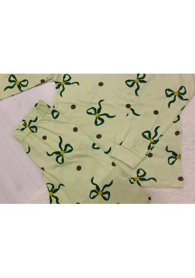 Durukoza %100 Pamuk Kız Çocuk Pijama Takımı Fiyonklu 4 Mevsim Açık Yeşil