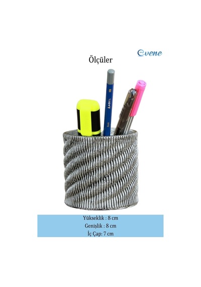 Kalemlik Gümüş Eskitme Renk Masa Kalemliği Organizer Kalemlik Dönen Çizgili Model