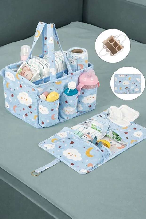 Anne Bebek Bakım Çantası Organizeri I Taşınabilir Bakım Çantası 2 Li Set Mavi