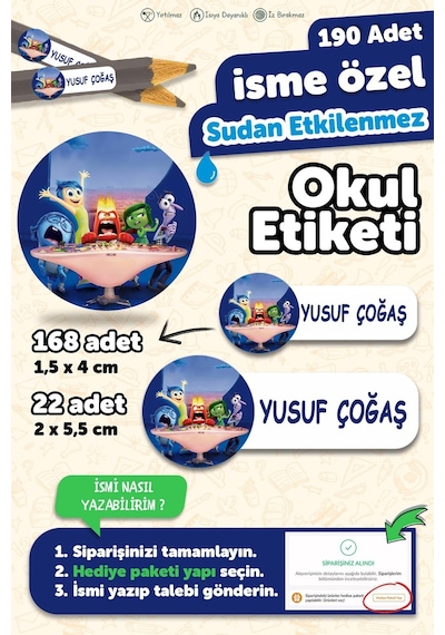 Okul Etiketi Kalem Defter İsimli Etiket Isim Yazılabilen Ters Yüzlü - 190 Adet Özel Yeni Tasarım