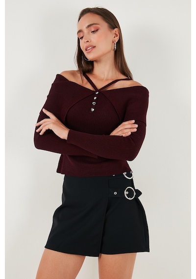 Lela Premium Fitted Fit Carmen Yaka Ip Askı Detaylı Triko Bayan Kazak 680Kz00076 Bordo