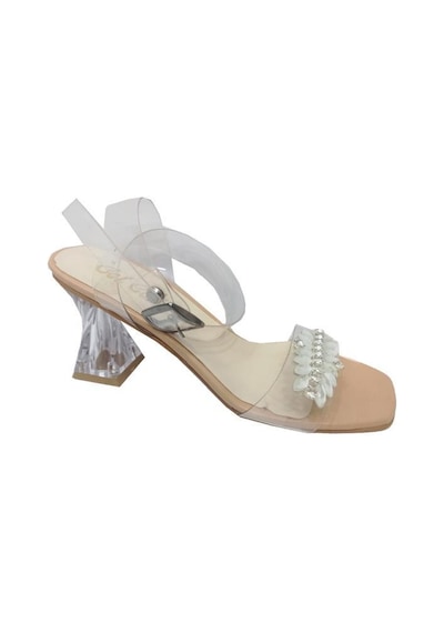 Cotcolic 01224 Taşlı Şeffaf Topuk Fashion Kadın Sandal Bej