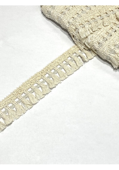 Krem Pamuk Püskül Şerit / Otantik Şerit / 4 Cm / 1 Metre / Psk121
