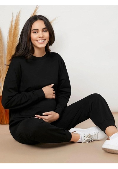 Basic Düz Eşofman Takımı Sweatshirt Jogger - Siyah Oversize Şardonlu Bisiklet Yaka Siyah