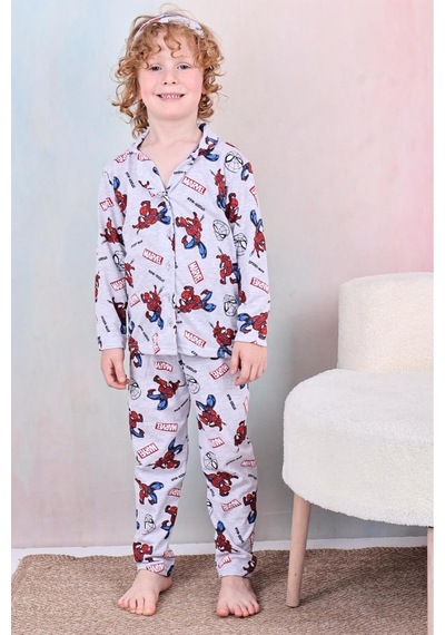Beka Kids Erkek Çocuk Önden Düğmeli Desenli Pijama Takımı %100 Pamuklu Pijama Takımı Ve Göz Bandı Gri