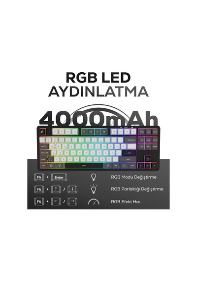 Hk220 Membrane Rgb Kablosuz/bluetooth Siyah Beyaz Tkl Türkçe Gaming Klavye