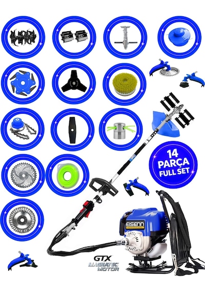 German ESH 400 14 İn 1 Sırt Tipi Ot Çim Biçme Tırpan+Toprak Eşeleme+Akrobat Çapa Aparatı Çelik Fırça