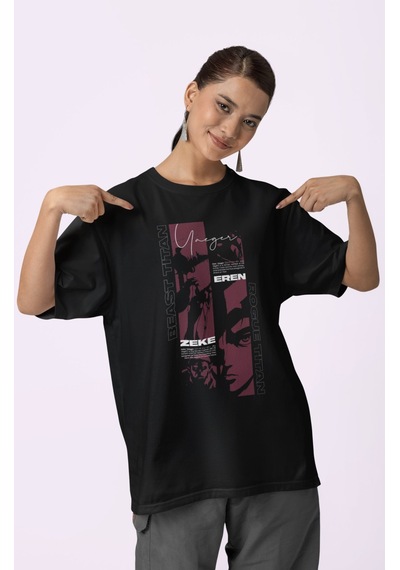 Eren Yeager Zeke Beast Titan Roque Titan Baskılı Unisex Oversize Siyah