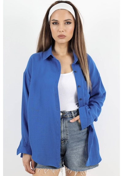 Ritnice Kadın Yumuşak Müslin Kumaş Uzun Mavi Oversize Gömlek Mavi