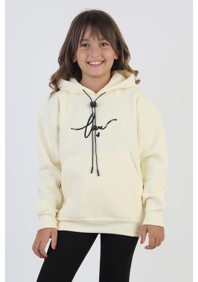 Kapşonlu Love Baskılı Kanguru Cepli Kız Çocuk Sweatshirt-90859 Krem