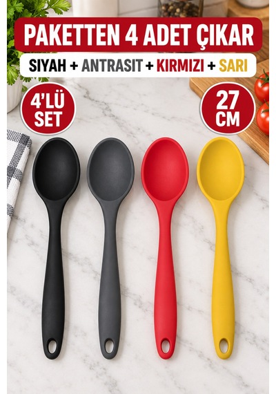 4'lü Set Siyah Antrasit Kırmızı Sarı, Büyük Boy Silikon Kaşık 27 Cm, Yemek Pişirme Ve Servis Kaşığı.