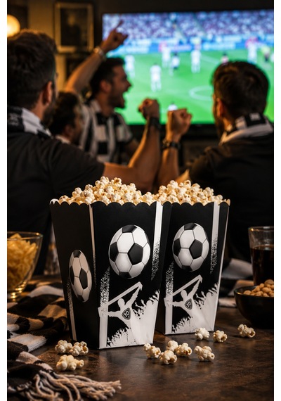 Mısır Kutusu Popcorn Kutusu 8'li Taraftar Siyah Beyaz 7.5x11 Cm Maç Parti Atıştırmalık Kutusu