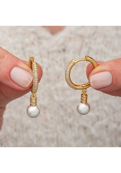Gümüş Zirkon Taşlı Gold Halka İnci Küpe Gümüş