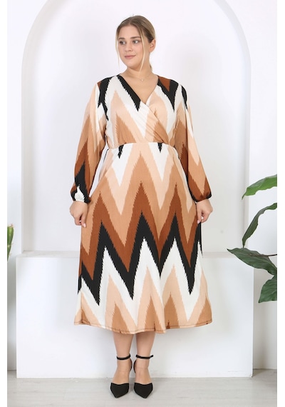 Mooi Xxl Kadın Kahve Zigzag Desen Kruvaze Yaka Balon Kol Maxi Boy Bürümcük Elbise Kahverengi