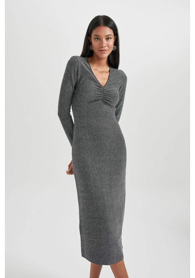 Defacto Bodycon Basic Düz Vücudu Saran V Yaka Payetli Kumaş Midi Uzun Kollu Elbise B4699AX23WNGR452
