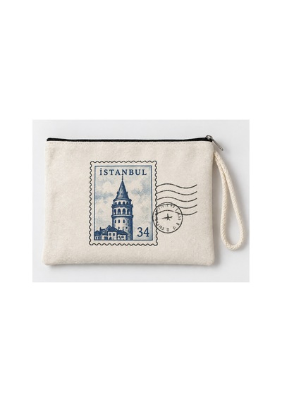 Galata Kulesi Pul Baskılı Fermuarlı Makyaj Çantası Bozuk Para Cüzdanı Clutch