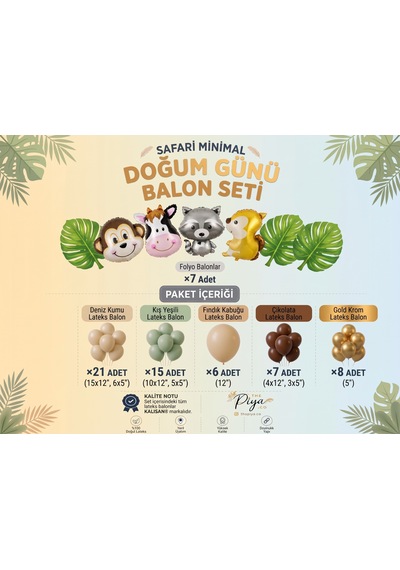 Safari Temalı Minimal Balon Seti 56 Parça Soft Karışık Renkler