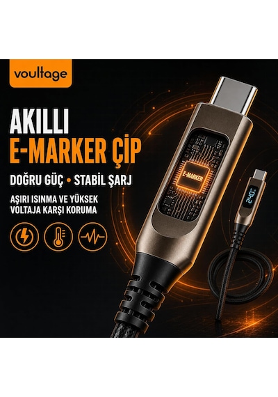 Type-c To Type-c 240w 1.2 M Dijital Watt Göstergeli Metal Uçlu Şarj Kablosu İphone 17, 16, 15, Samsung Galaxy S24, S23, Pixel, İpad, Macbook, Nintendo, Xiaomi Uyumlu, Siyah