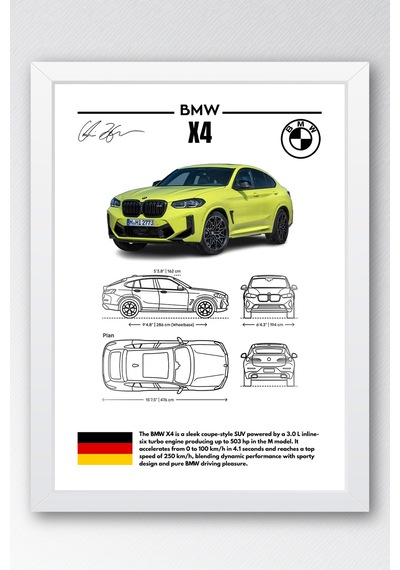 Bmw X4 Tablo - Teknik Özellikli Alman Spor Coupe Suv Poster - Çerçeveli Duvar Dekoru - Blueprint Beyaz