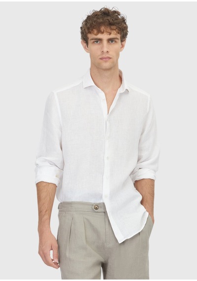 Ramsey Beyaz Casual Fit Uzun Dokuma Casual %100 Keten Gömlek