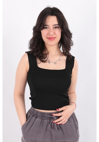 Fashion Friends 24y0327k1 Kadın Kare Yaka Fitilli Crop Örme Bluz Siyah