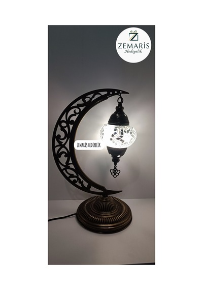 El Yapımı Otantik Mozaik Hilal Masa Lambası Abajur Beyaz - 719078231 Beyaz
