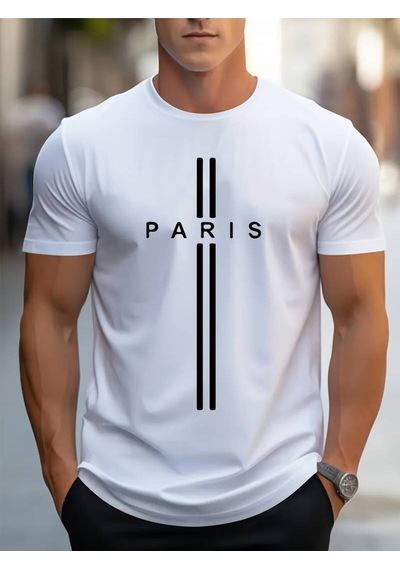 Noıssey Beyaz Erkek Oversize Siyah - Beyaz Bisiklet Yaka Paris Yazı Baskılı