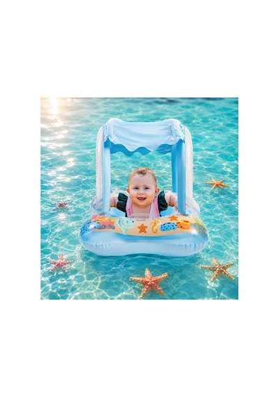 Kara Mavi Gölgelikli Tenteli Çocuk Deniz Simiti Baby Float Bebek Deniz Simiti 0-3 Yaş Bebek Botu Mavi