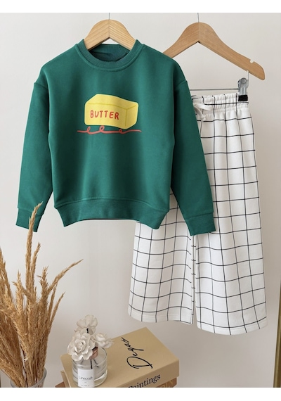 Magu Çocuk Butter Baskılı Yeşil Sweatshirt Ve Ekru Kareli Eşofman Takım Çok Renkli