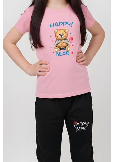 Fyk Kids Kiz Çocuk Baskili Happy Bear Bel Detayi Lasti Kli Alt-üst Pi Jama Takimi Pembe