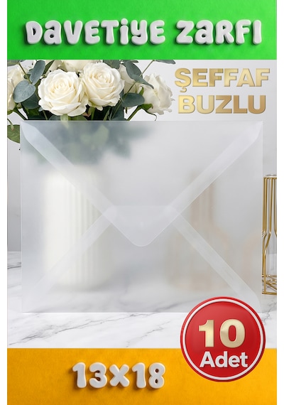 10 Adet 13x18 Cm Premium Kalite Davetiye Zarfı Buzlu Şeffaf