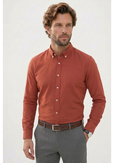 Tudors Erkek Slim Fit Dar Kesim %100 Pamuk Düğmeli Yaka Flam Keten Turuncu Gömlek-50275