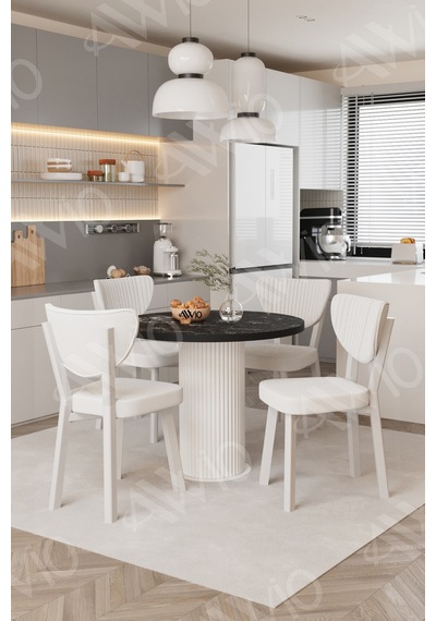 Avvio Elma Yuvarlak Siyah Mermer Mutfak Masa 4 Adet Sandalyeli Takım 90x90 Cm Krem