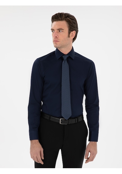 Cacharel Lacivert Slim Fit Pamuklu Yarım İtalyan Yaka Basic Gömlek