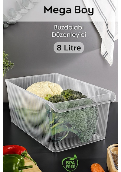 1 Adet Dolap İçi Buzdolabı Düzenleyici - Mega Boy Buzdolabı Meyve Sebze Saklama Kabı Organizer 8 Lt Şeffaf