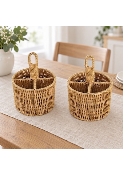 Rattan Yuvarlak Dik Bölmeli Kaşıklık -ikili Kahverengi