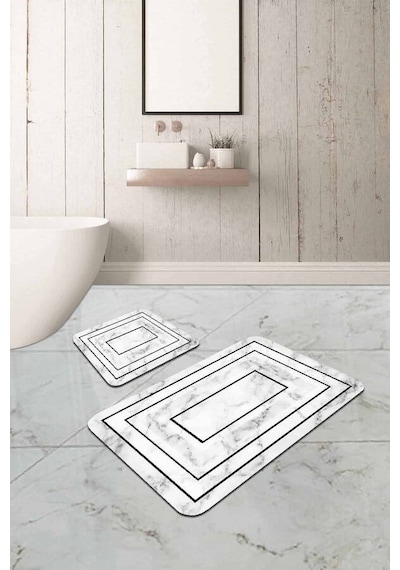Beyaz Mermer Desen Banyo Halısı Klozet Paspas Seti Bs342n11 Kırık Beyaz
