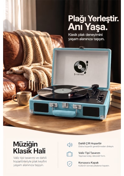 Kensa Bluetooth Lu Nostaljik Çantalı Pikap 33/45/78 Devir Dahili Bataryalı Plak Çalar Mavi
