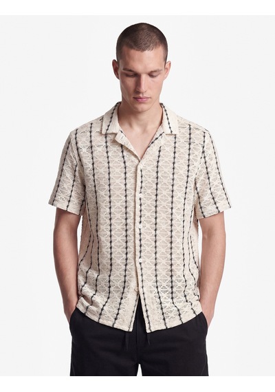 Koton Regular Fit Kısa Kollu Pamuklu Devrik Yaka Ajurlu Gömlek Siyah Çizgili 6sam60097nw