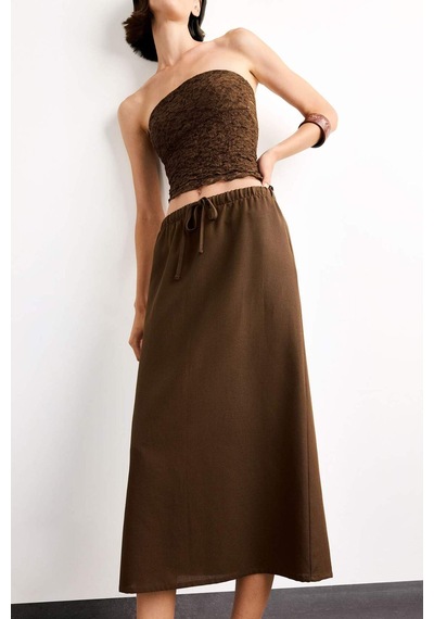 Defacto Relax Fit Beli Lastikli Dokuma Midi Etek G0437ax25smbn214 Kahve