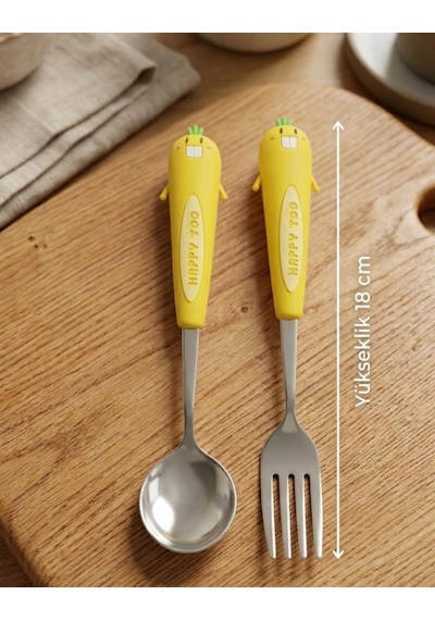 Sevimli Figürlü Premium Çocuk Bpa Free Paslanmaz Çelik Uçlu Çatal-kaşık Set 24+ Ay Sarı