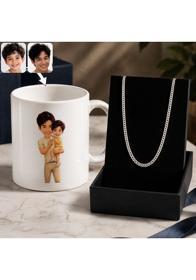 Bk Gift Kişiye Özel Baba&çocuk Karikatürlü Beyaz Kupa & Sık Gurmet Zincir Kolye -2, Babalar Günü Hediyesi Gümüş